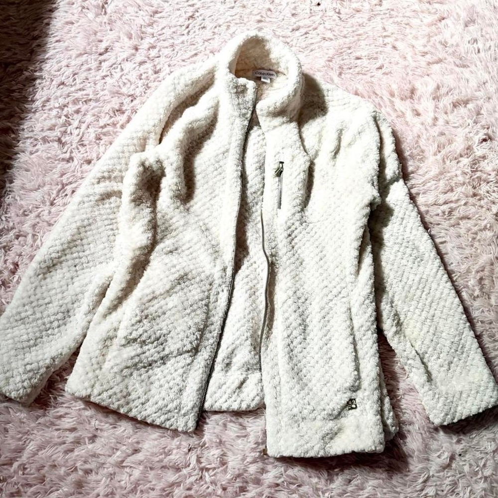 Calvin Klein Ivory Plush Autumn Cozy Zip Up Jacket Womens XL Quiet Luxury Lodge
